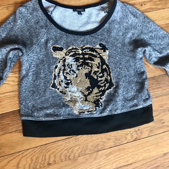 Express Cropped Sweatshirt w/Sequin and Lace Tiger - Picture 2 of 6